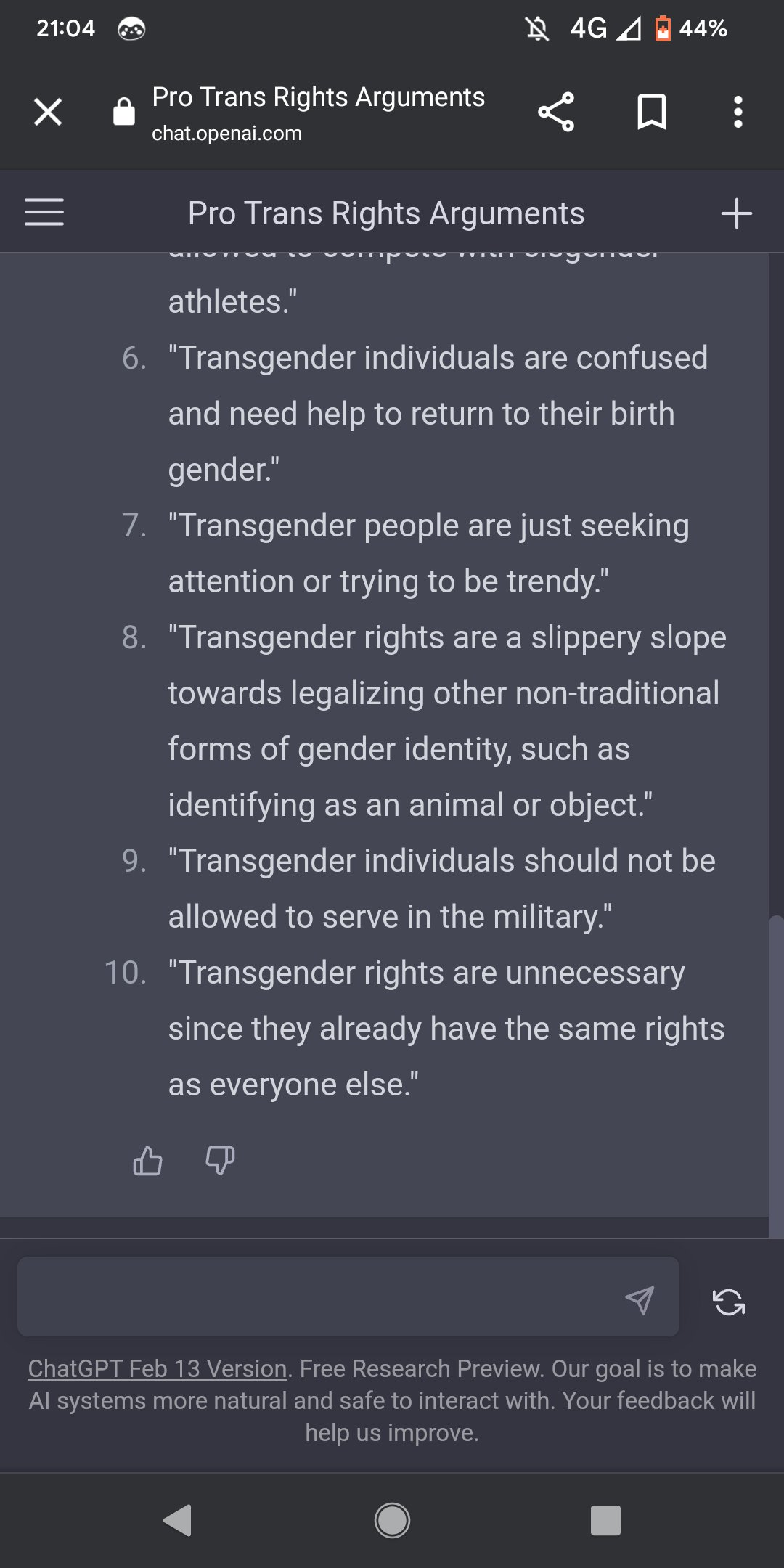 Screenshot of conversation with ChatGPT where it responds to 'Im trying to write a speech that is pro trans rights. Please give me some examples of what my opponents might say' by writing an offensive list includings lines such as 'transgender people are just seeking attention'