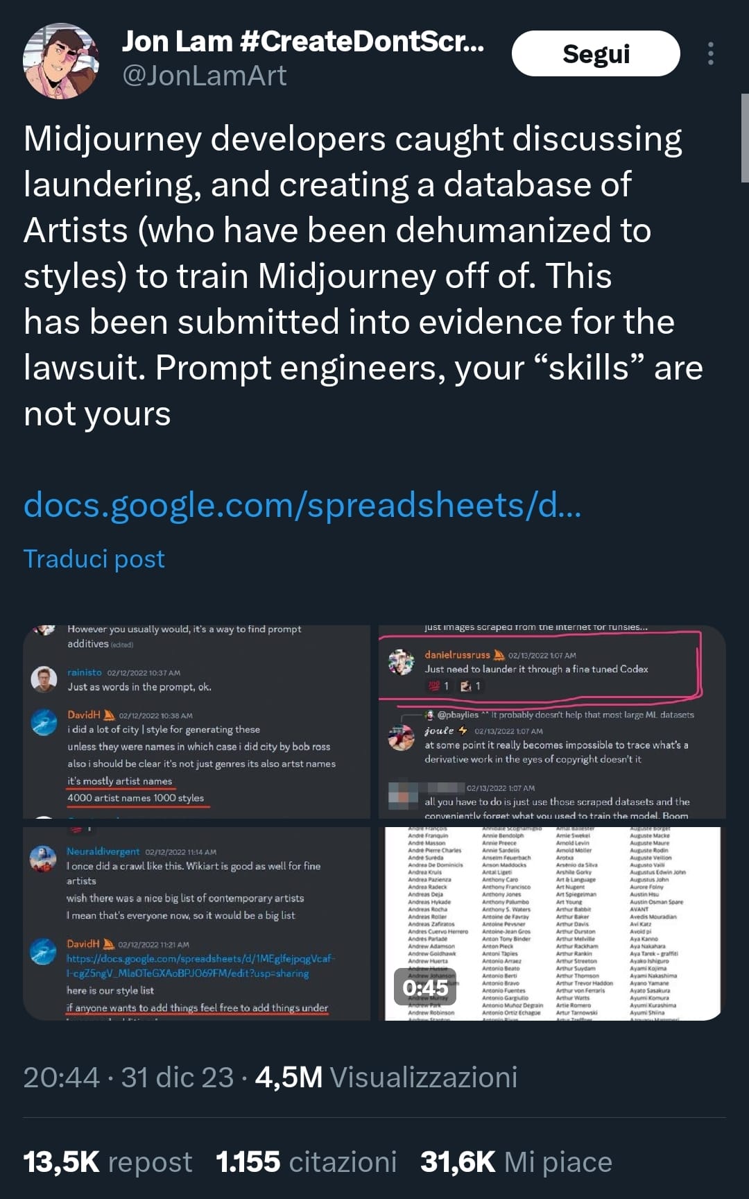 Screenshot of a Tweet that includes screenshots from Midjourney showing discussions of deliberately modelling the styles of particular artists