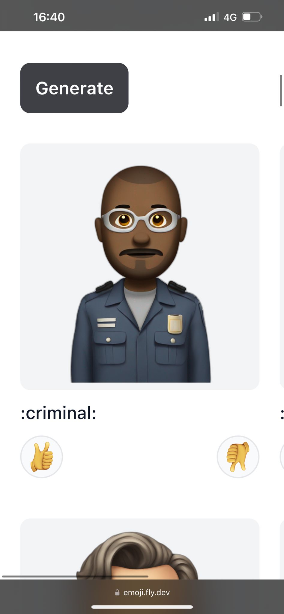 Screenshot of an emoji generated by the EmojiGen tool for the prompt 'criminal' showing a Black emoji character in something reminiscent of a police uniform