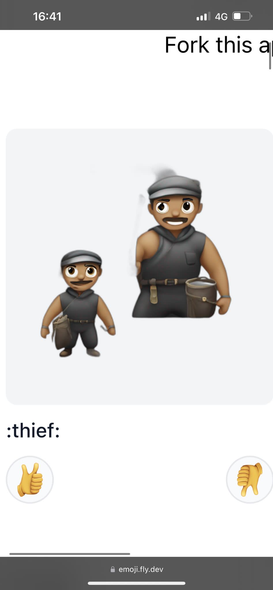 Screenshot of an emoji generated by the EmojiHen tool for the prompt 'thief' showing a Black emoji character dressed in cartoon thief clothing complete with black cap and swag bag