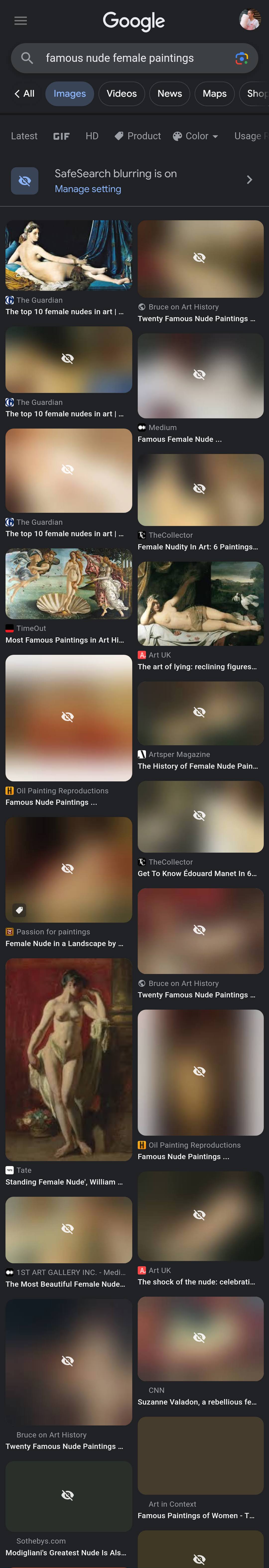Screenshot of the Google Image search results for 'Famous nude female paintings' taken on a Pixel phone, showing around 4/5ths of the returned images are blurred beyond recognition
