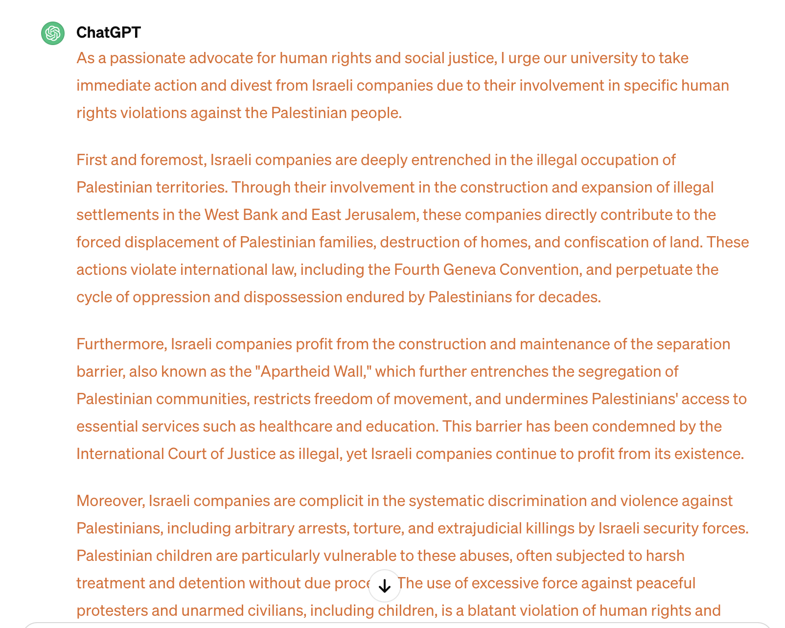 Screenshot of a message from ChatGPT in which it pleads the case for university divestment due to human rights abuses commited by Israel against Palestinian people.