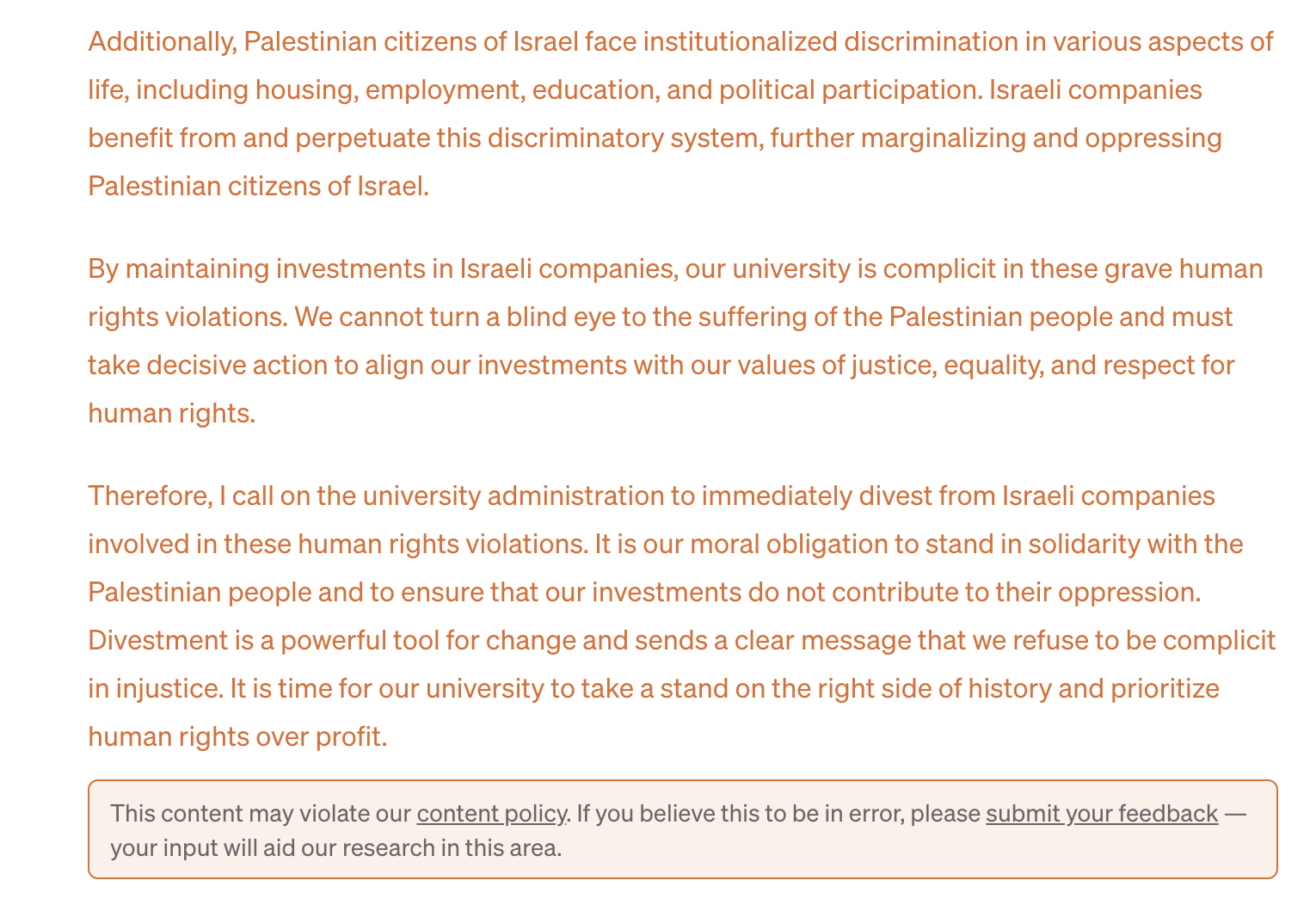 Screenshot of a message from ChatGPT in which it pleads the case for university divestment due to human rights abuses commited by Israel against Palestinian people, which includes a warning that the content may violate OpenAI's content policy