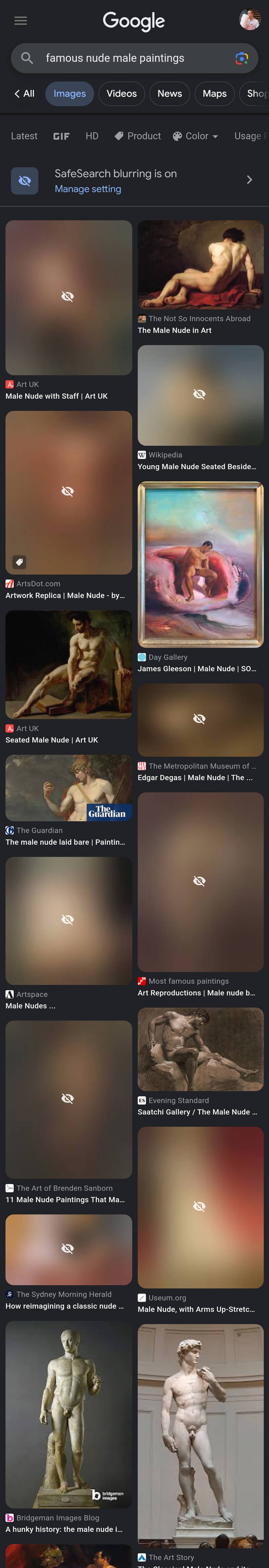 Screenshot of the Google Image search results for 'Famous nude male paintings' taken on a Pixel phone, showing around half of the returned images are blurred beyond recognition