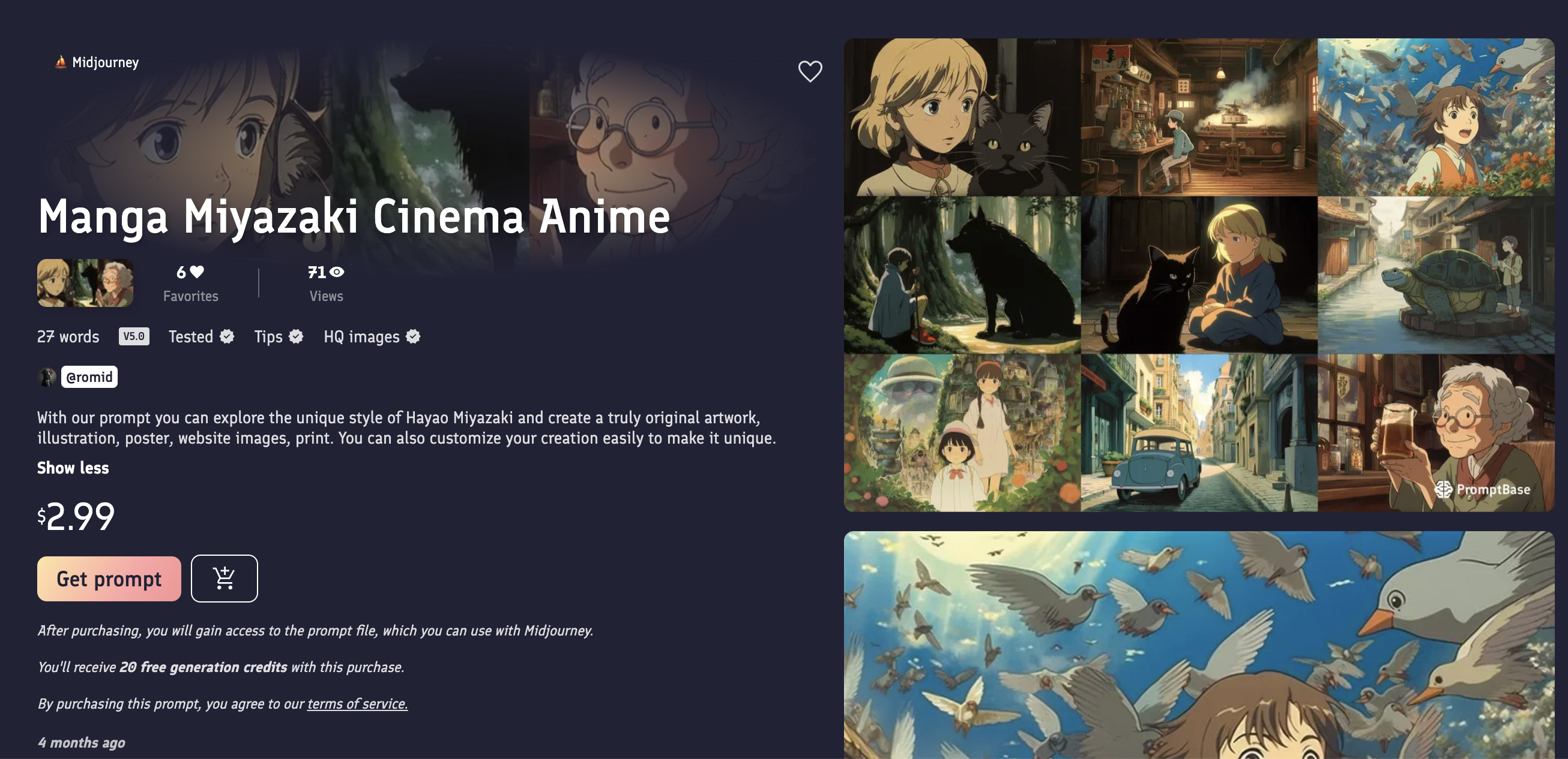 Screenshot of a listing on Promptbase advertising 'With our prompt you can explore the unique style of Hayao Miyazaki and create a truly original artwork, illustration, poster, website images, print', with some example images in his whimsical style. 