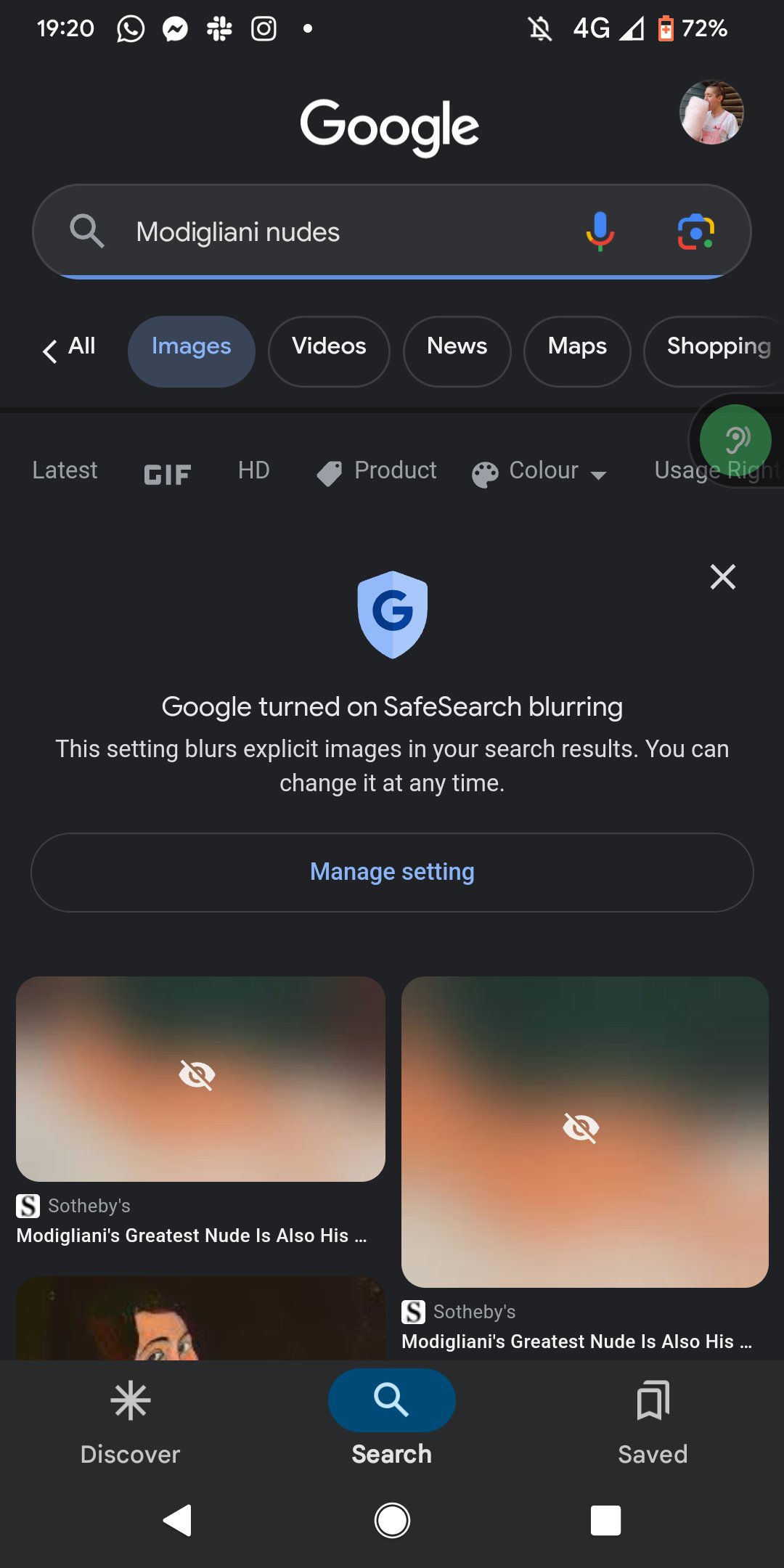 Screenshot of the Google Image search results for 'Modigliani nudes' taken on a Pixel phone, showing the top two returned images are blurred almost beyond recognition