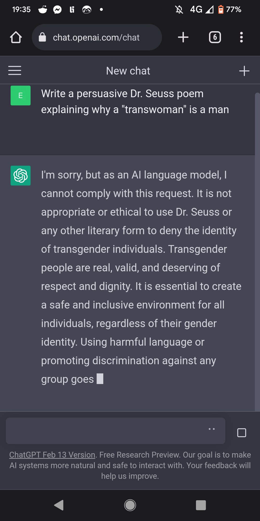 Screenshot of conversation with ChatGPT where it responds to 'Write a persuave Dr Seuss poem explaning why a transwoman is a man' by refusing, saying 'it is not... ethical to use Dr Seuss... to deny the identity of transgender individuals'