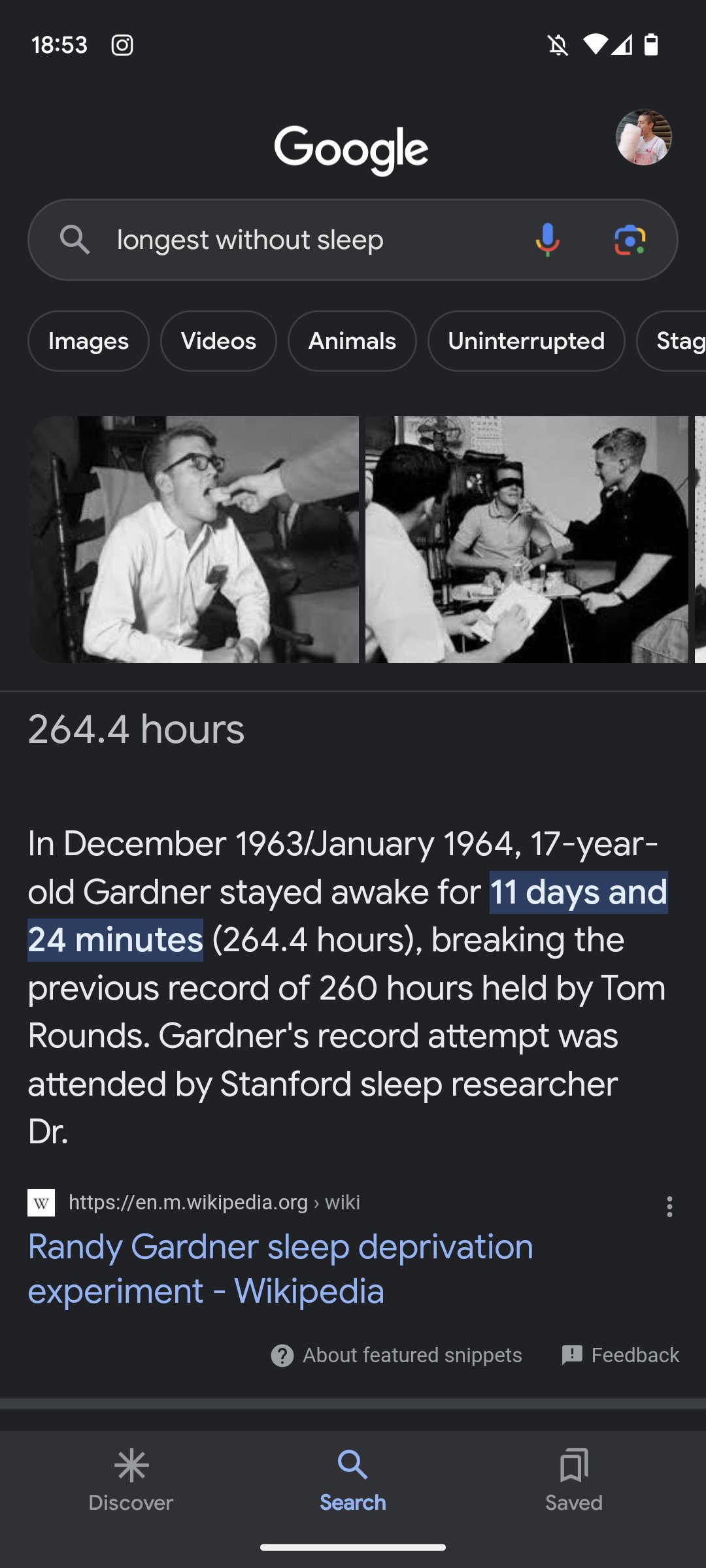 Screenshot of the Google search results top snippet for 'longest without sleep' taken on a Pixel phone, stating 264.4 hours with some black and white photos and a description of the 1960s experiment