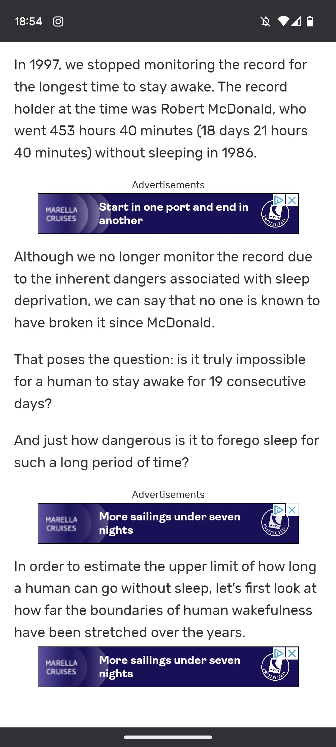 Screenshot of the Guinnes World Records website on the record for longest without sleep, stating that it stands at 453 hours 40 minutes from 1986, and that they stopped recognising new records in 1997 due to safety concerns.